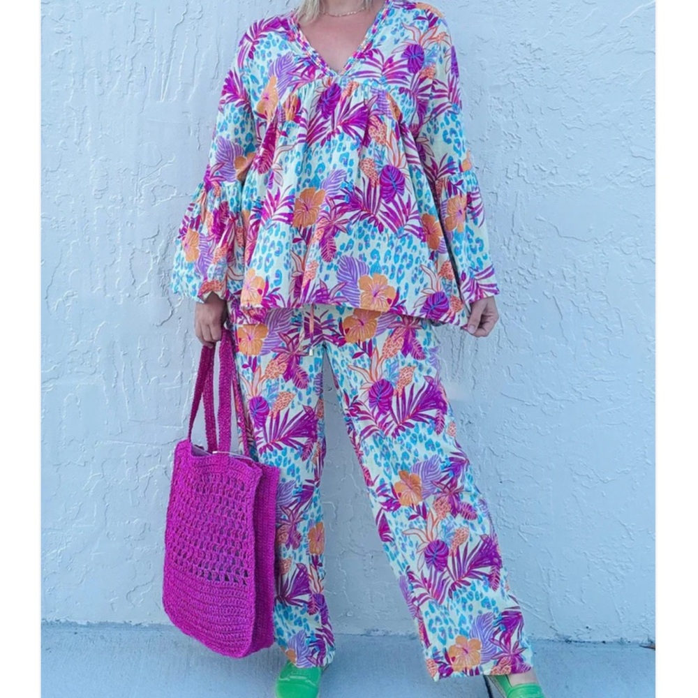 Vibrant Pink and Blue Floral Two Piece